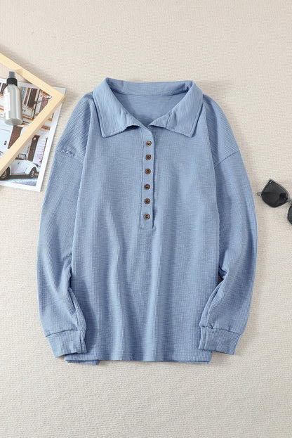 Button Front Turn-Down Neck Knit Top | Sky Blue