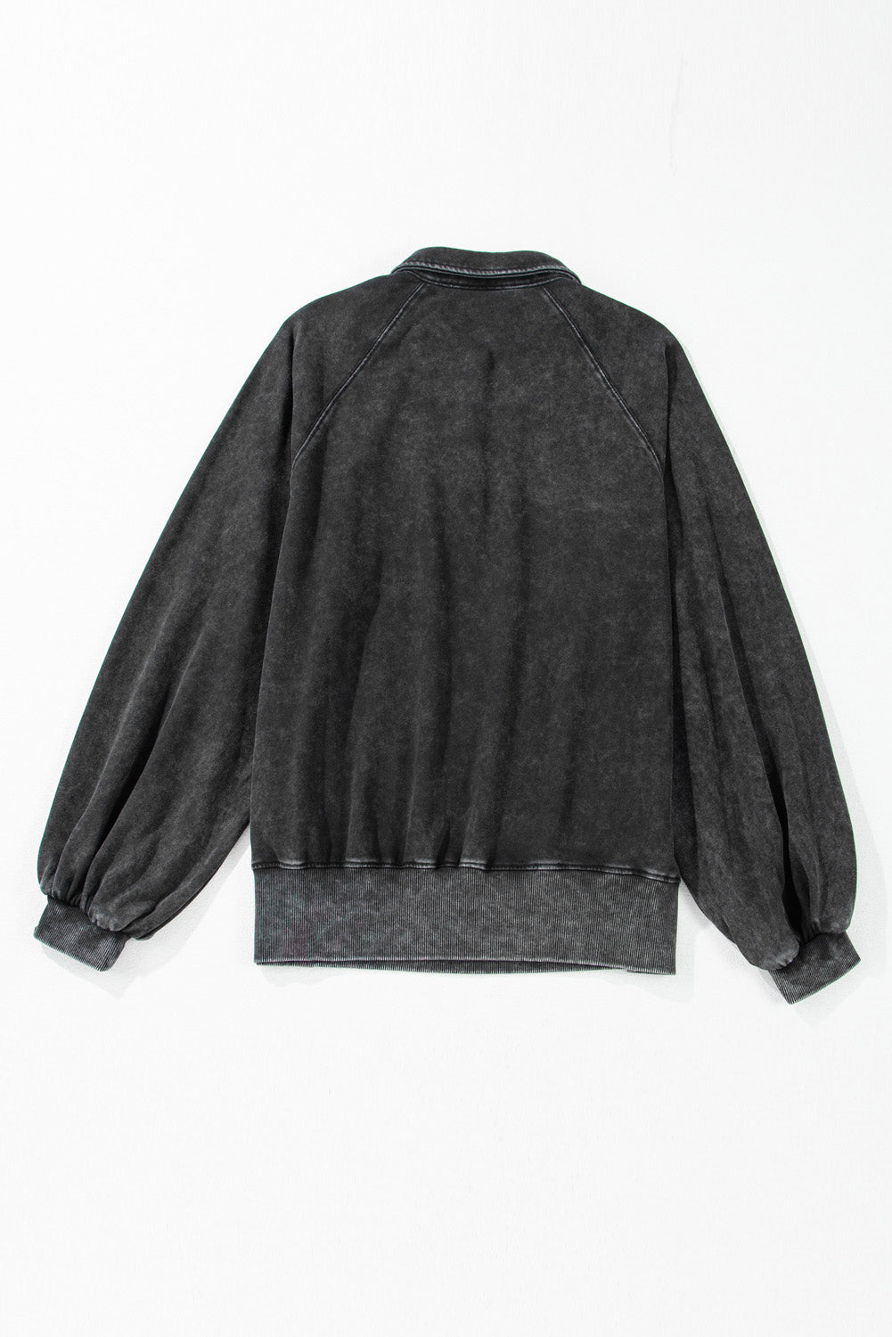 Solid Snap Buttons Collared Balloon Sleeve Oversized Sweatshirt | Black