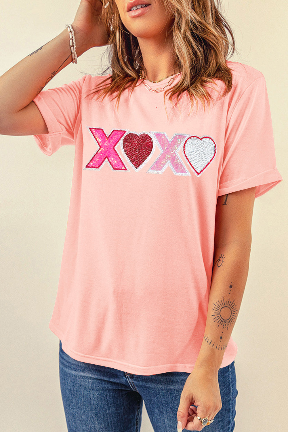 Sequin Heart Xoxo Patched Graphic Valentines T Shirt | Pink