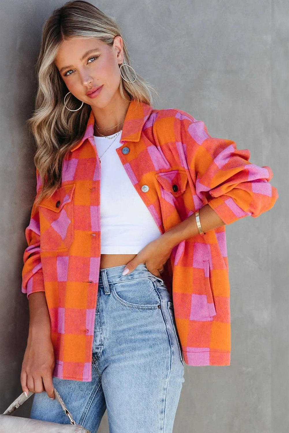 Plaid Chest Pockets Button-Up Turn Down Collar Jacket | Orange