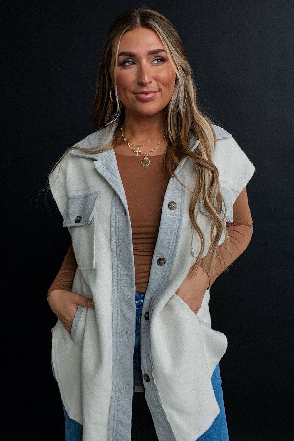 Flap Pockets Contrast Buttons Front Jacket Vest | Light Grey