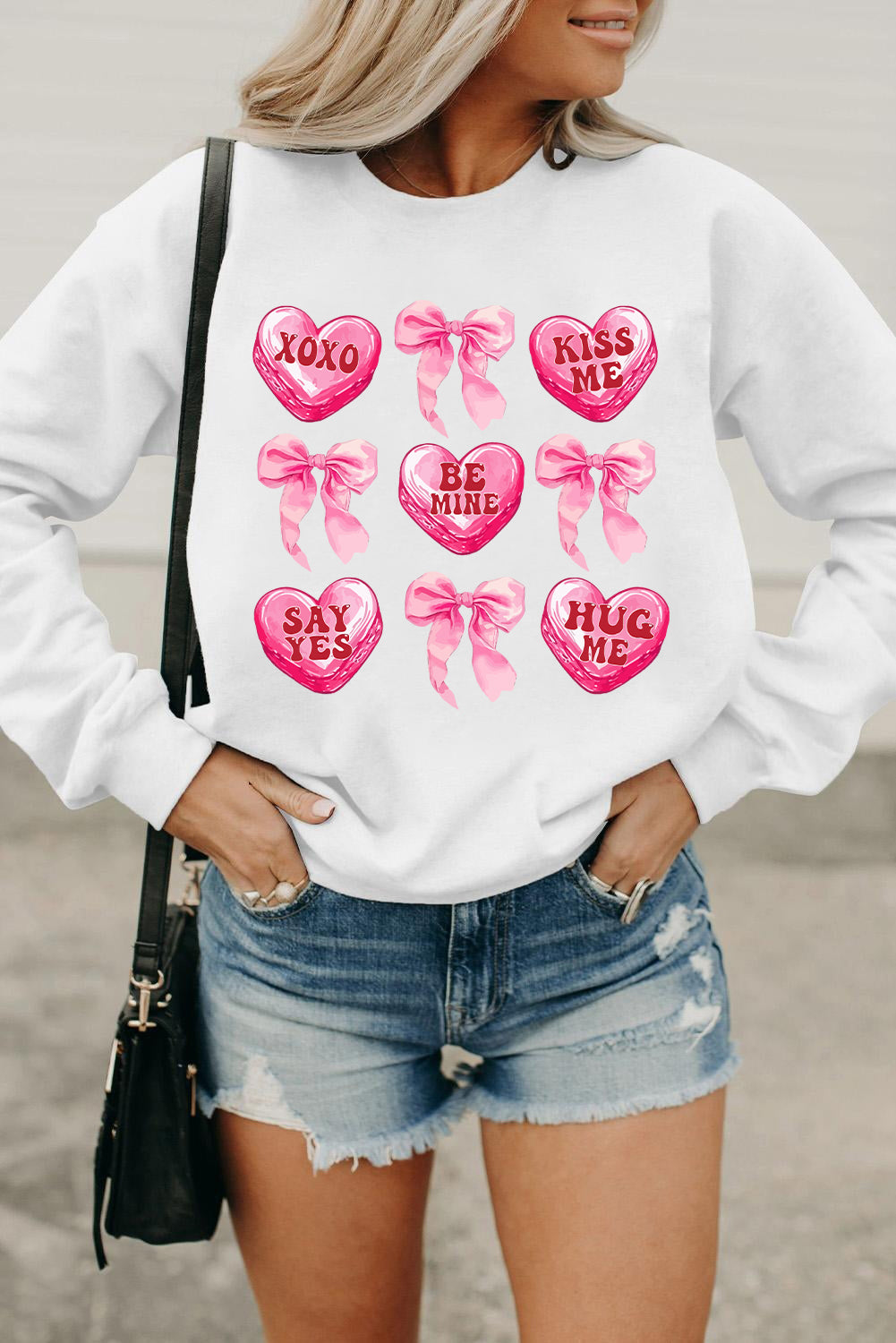 Valentine Candy Heart & Bow Graphic Sweatshirt | White