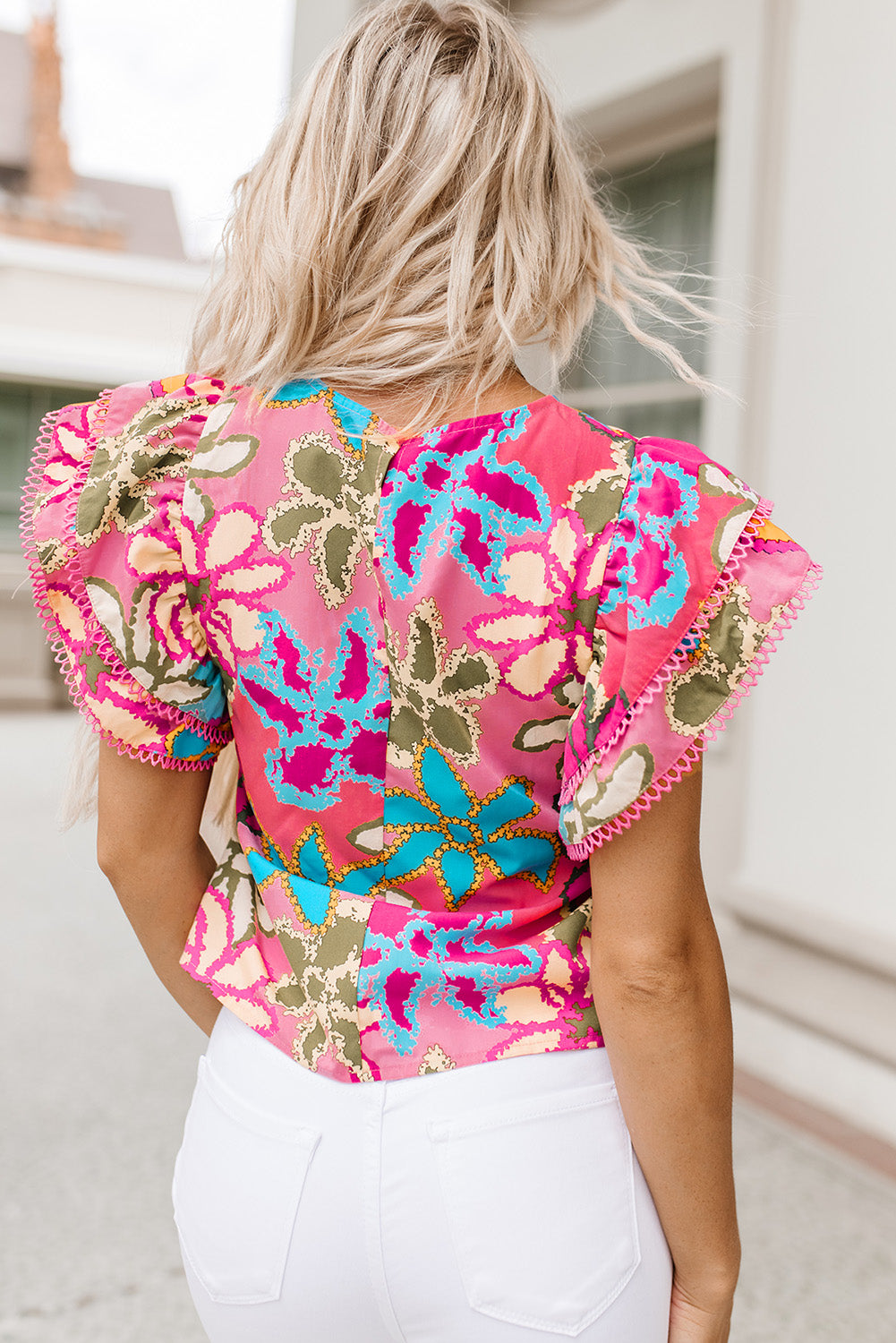 Vibrant Floral Print Trimmed Ruffle Sleeve Blouse | Multicolour