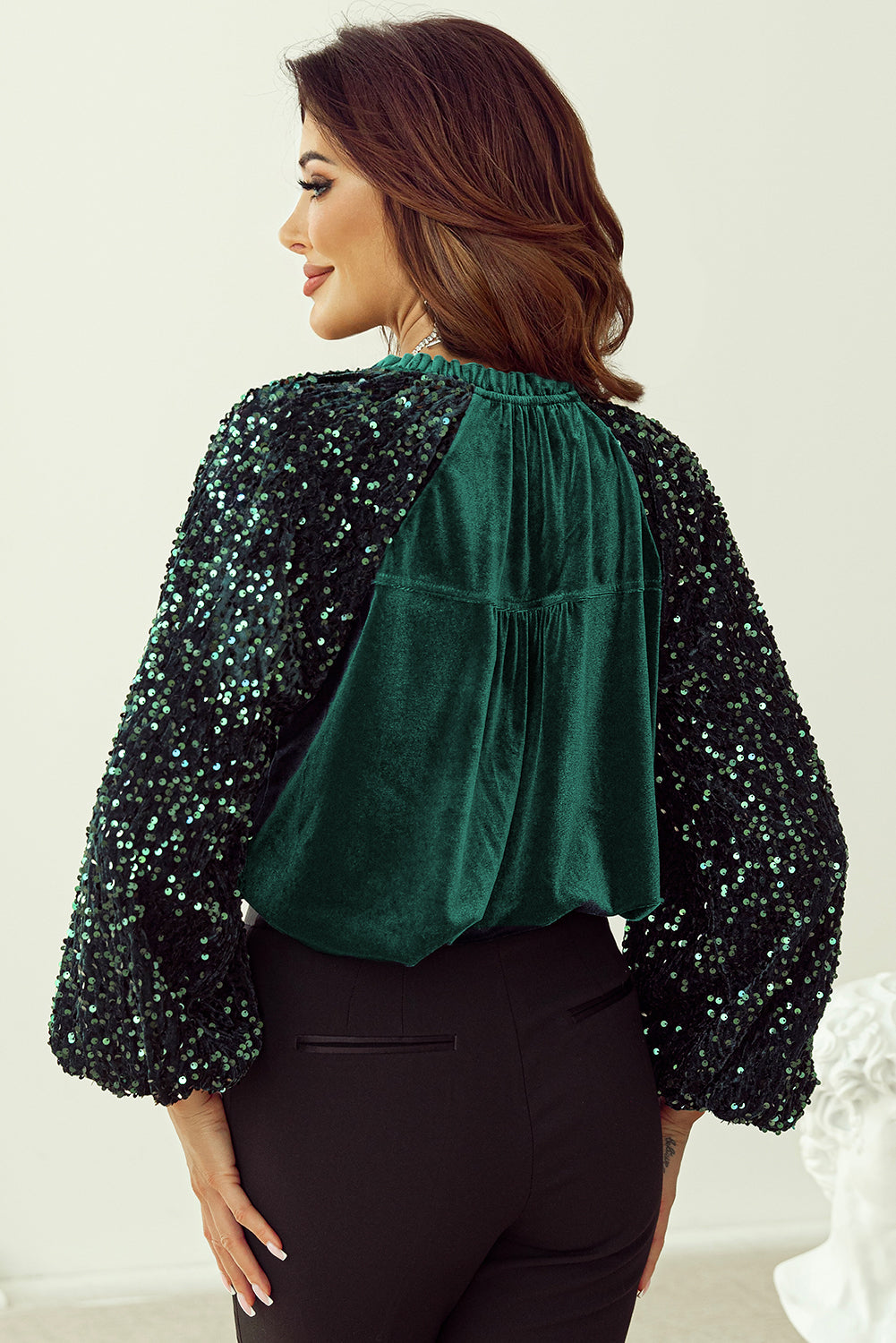 Sequin Patchwork Sleeve Button Up Velvet Top | Evergreen