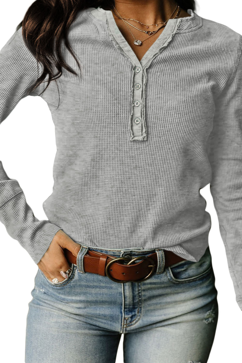 Trimmed Neckline Waffle Knit Henley Top | Gray