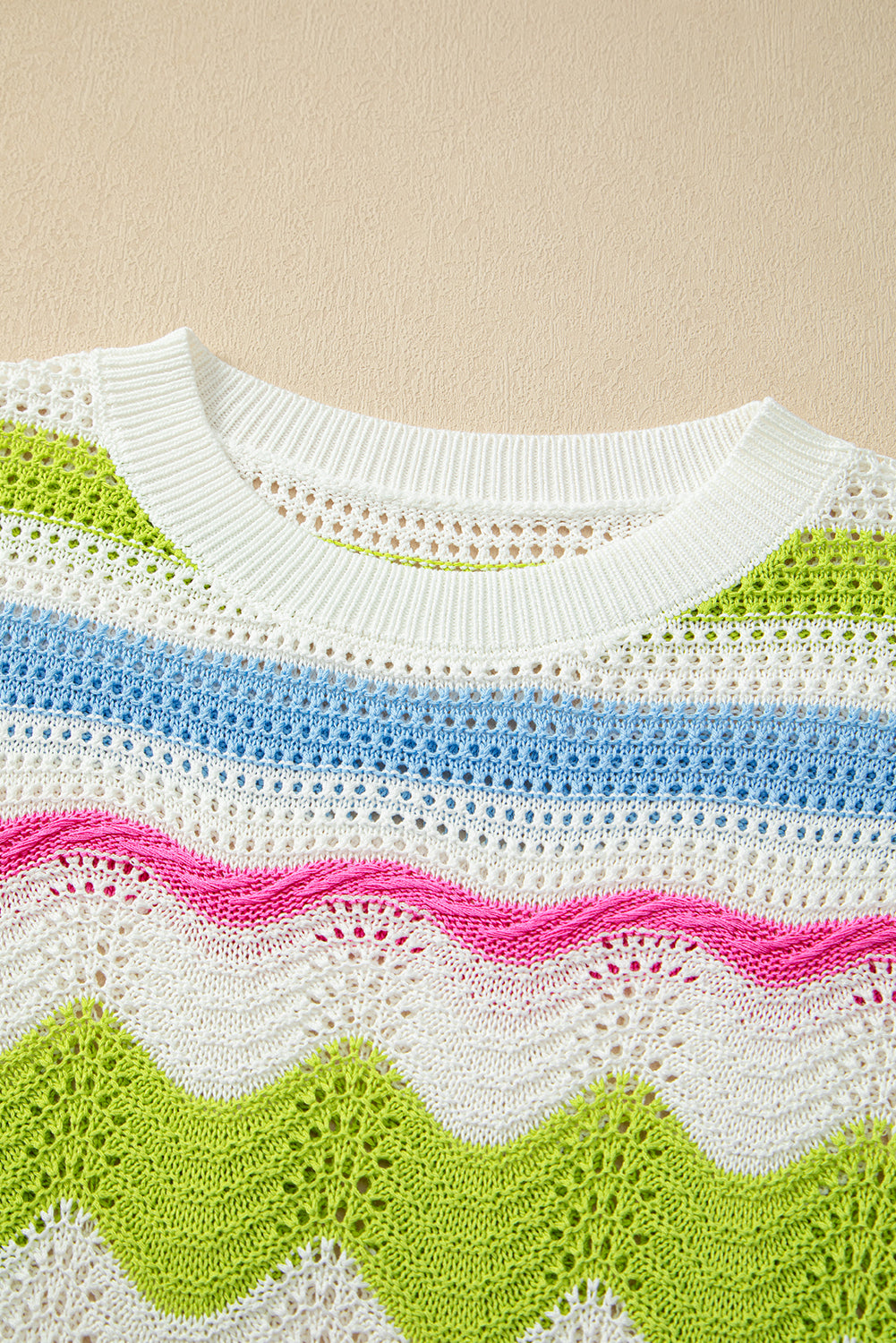 Colourblock Crochet Knit Ruffled Short Sleeve Sweater Top | White