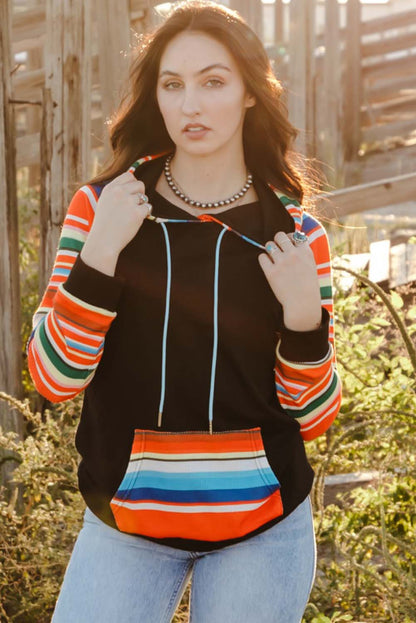 Colourful Striped Patchwork Kangaroo Pocket Hoodie | Multicolour