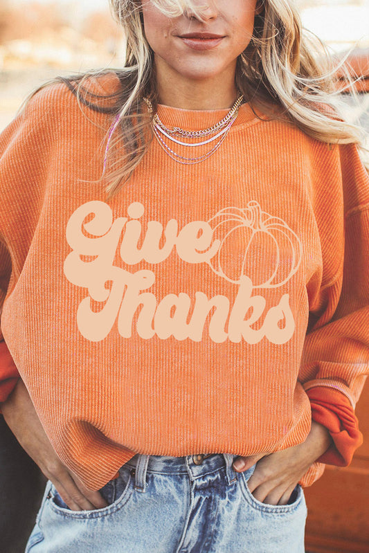 Orange Give Thanks Pumpkin Graphic Corded Sweatshirt