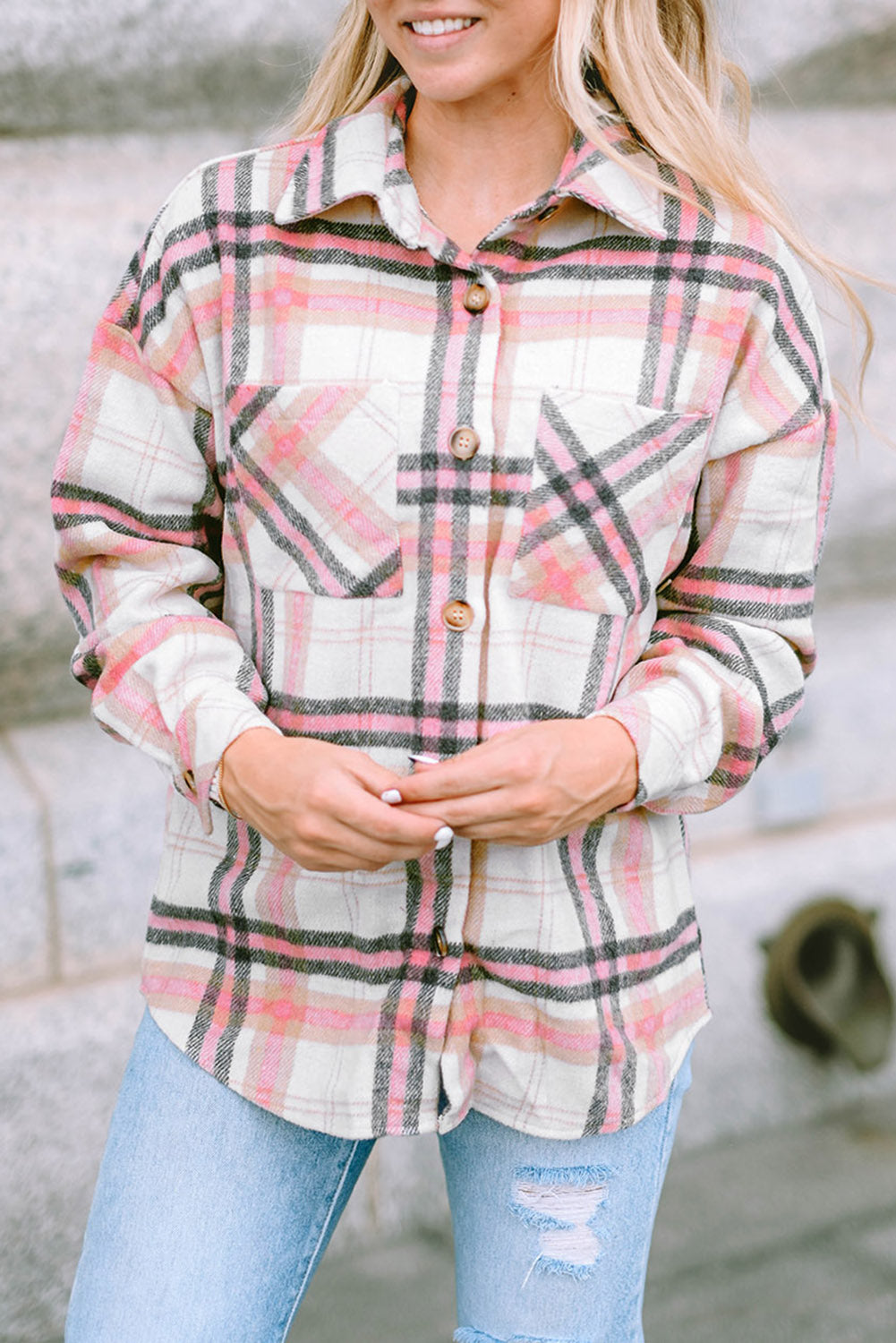 Plaid Button Front Chest Pocket Shacket | Pink