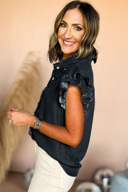 Button Front Ruffled Flutter Frayed Denim Top | Black