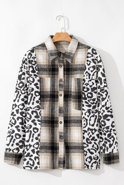 Plus Size Plaid Leopard Printed Patchwork Button Up Shacket | Black