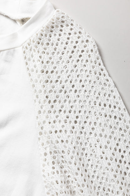 Pointelle Lace Half Sleeve Crew Neck Tee | White