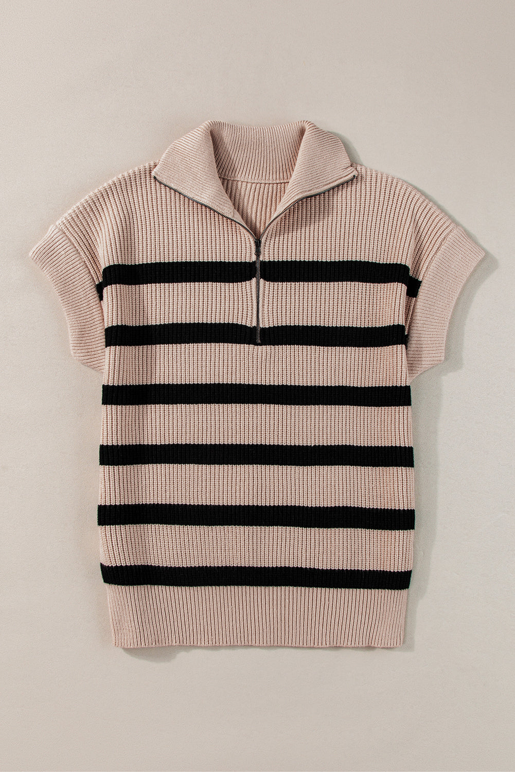 Zipped Collar Short Sleeve Sweater | Khaki Stripe