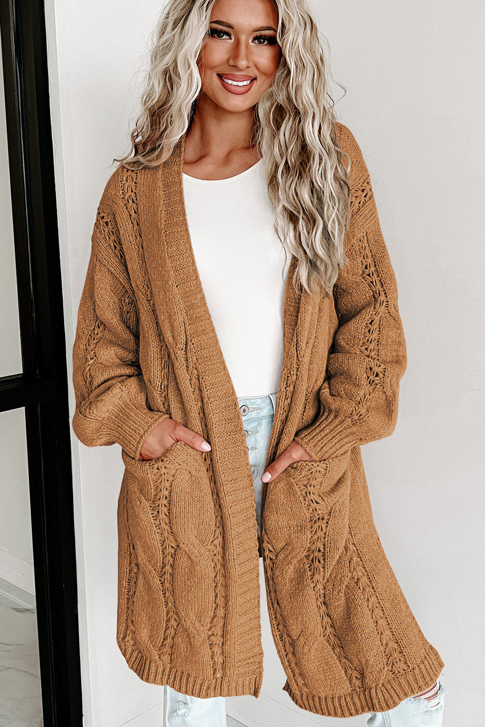 Ribbed Trim Eyelet Cable Knit Cardigan | Khaki