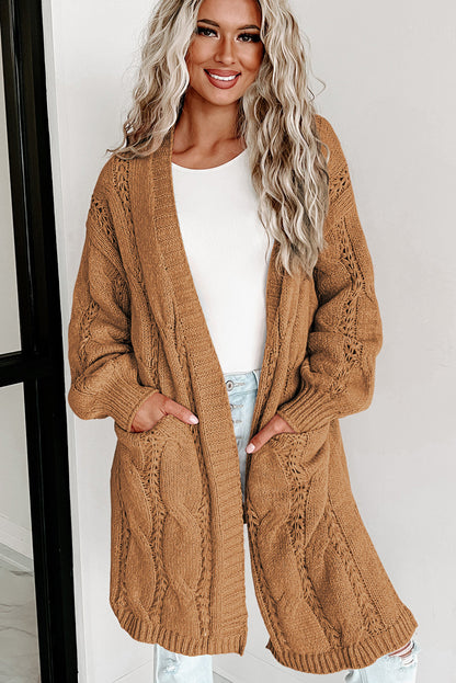 Ribbed Trim Eyelet Cable Knit Cardigan | Khaki