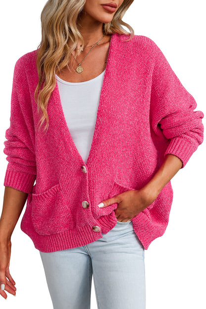 Buttons Front Pocketed Sweater Cardigan | Rose