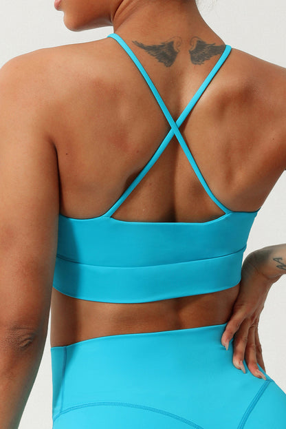 Crossed Spaghetti Straps Ruched Keyhole Sports Bra | Turquoise