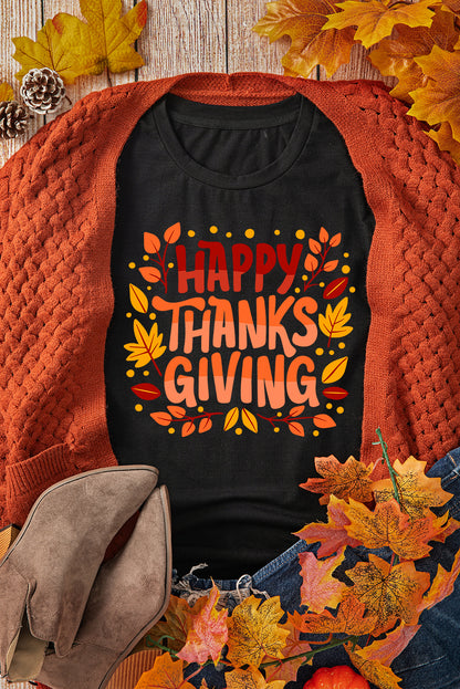 Happy Thanksgiving Leaves Print Crew Neck T Shirt | Black