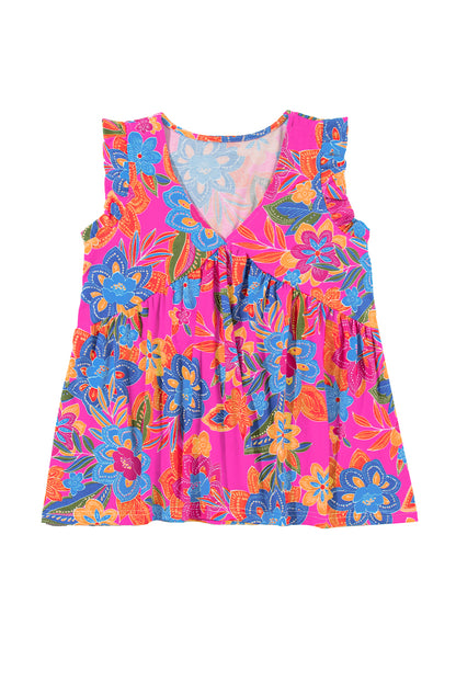 Boho Pattern Print Flounce V Neck Tank Top | Rose Red