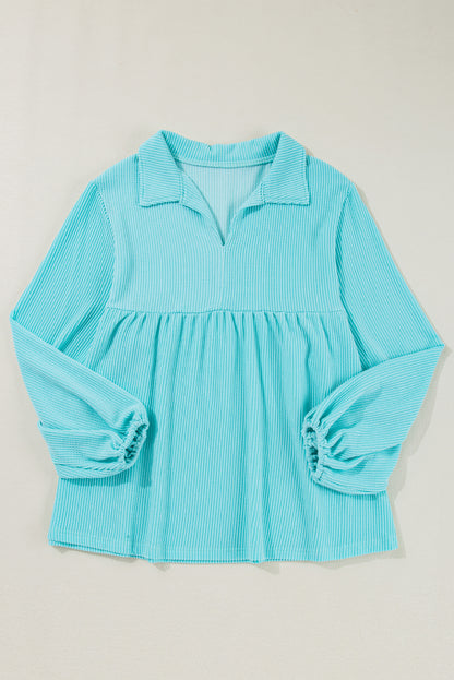 Cordrd Balloon Sleeve Collar Plus Babydoll Top | Turquoise