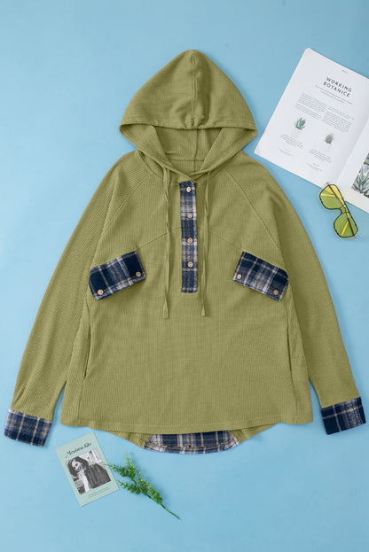 Flowy Plaid Accent Waffle Knit Henley Hoodie | Green