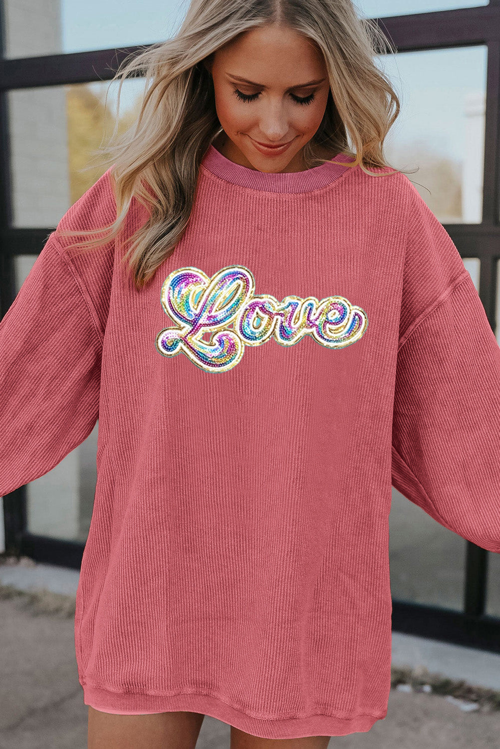 Sequin Love Graphic Drop Shoulder Corded Valentines Sweatshirt | Strawberry Pink