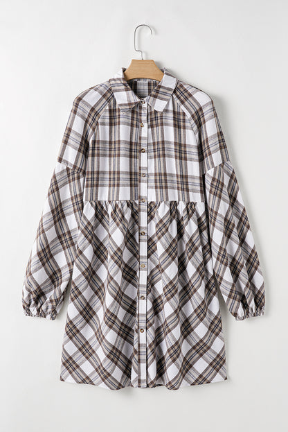 Plaid Bubble Sleeve Flowy Shirt Dress | White