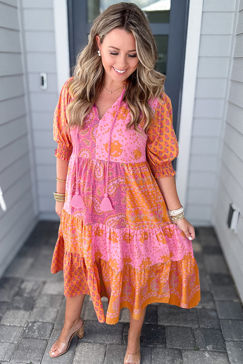 Boho Paisley Floral Mixed Patchwork Tassel Tie Plus Size Midi Dress | Pink