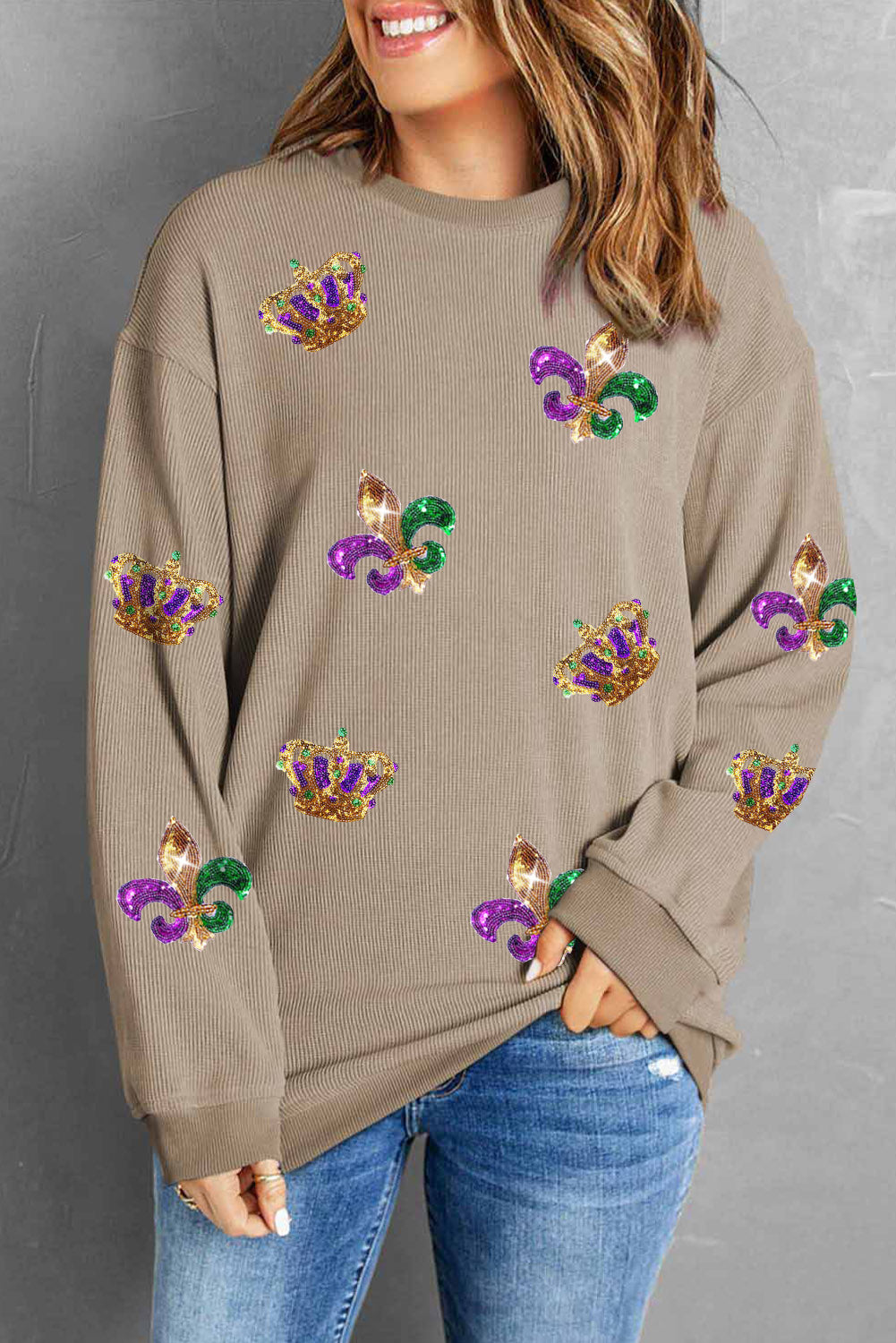 Mardi Gras Sequin Crown Fleur De Lis Corded Sweatshirt | Khaki