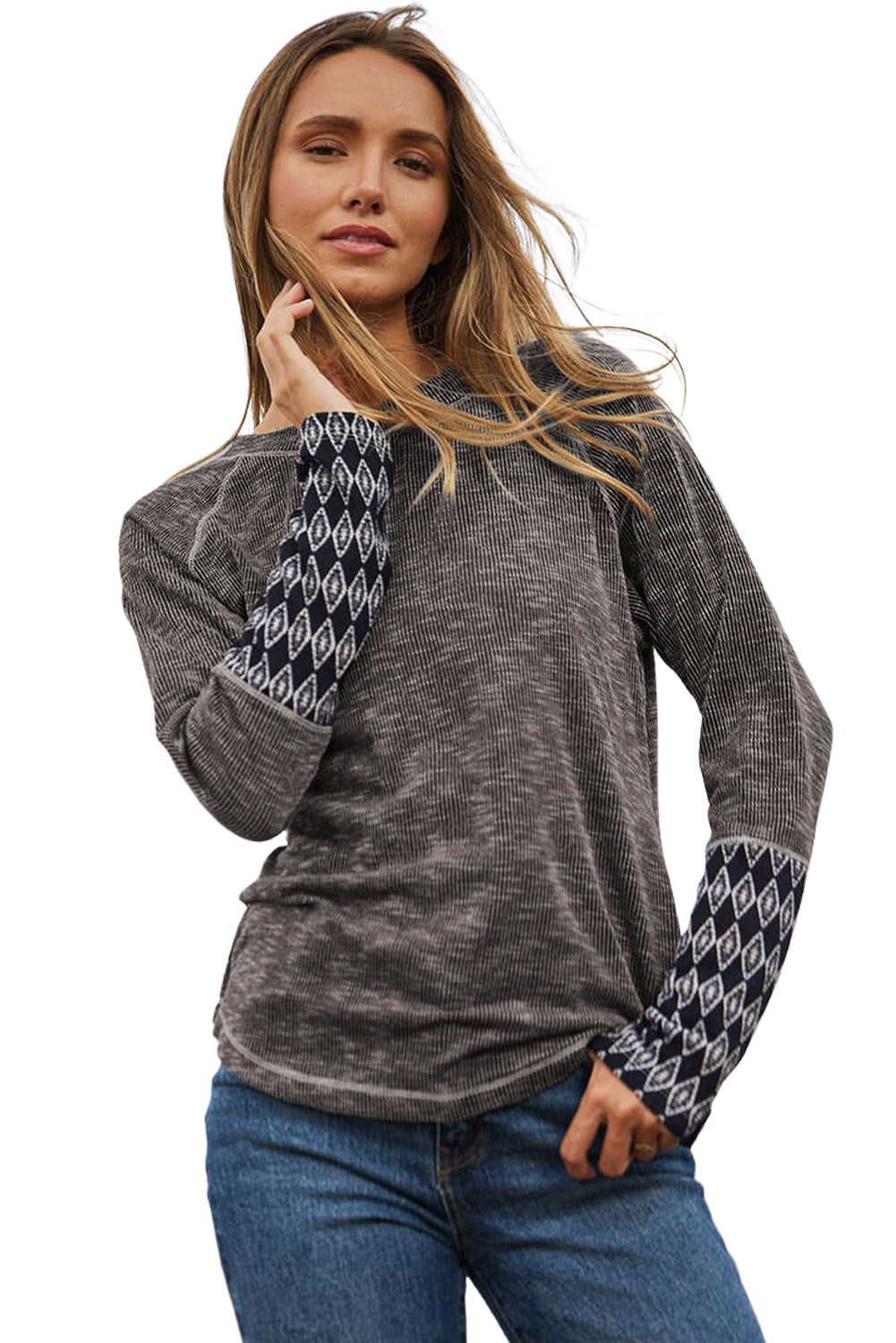 Aztec Patchwork Ribbed Long Sleeve Top | Gray