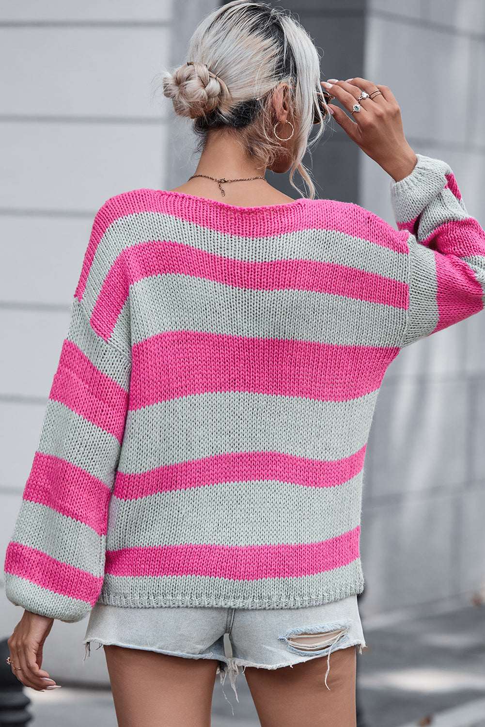 Striped Colourblock Knit V Neck Loose Fit Sweater | Rose