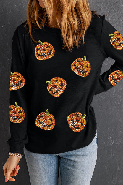 Halloween Sequin Pumpkin Face Pullover Long Sleeve Top | Black