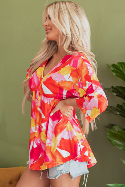 Abstract Print 3/4 Sleeve V Neck Ruffled Babydoll Blouse | Orange