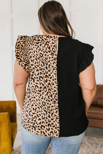 Leopard Contrast Block Flutter Sleeve Plus Size Top | Black