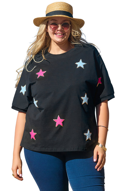 Sequin Chenille Star Pattern Plus Size Tee | Black