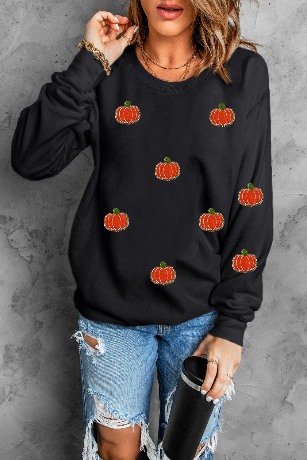 Halloween Pumpkin Graphic Drop Shoulder Sweatshirt | Black