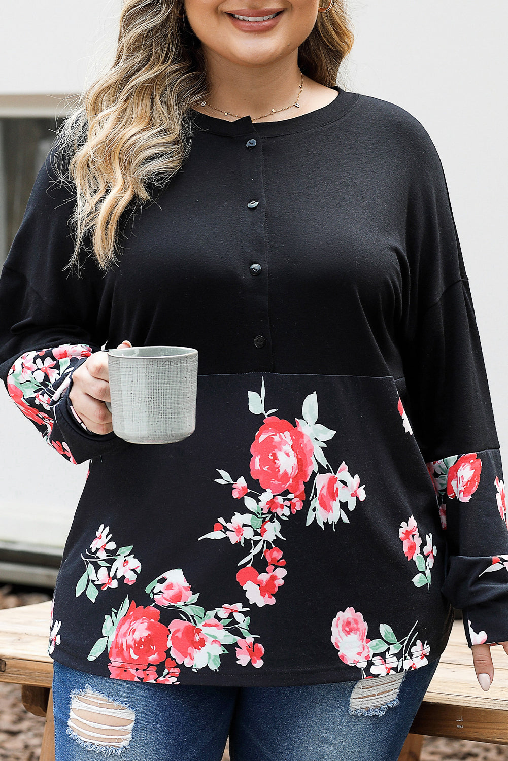 Plus Size Floral Printed Splicing Half Button Top | Black