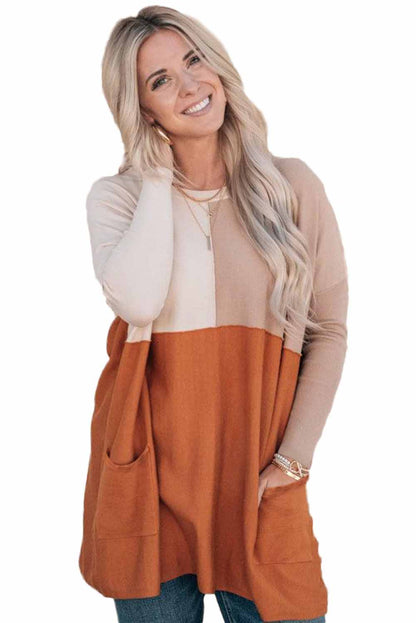 Pocketed Colour Block Patchwork Long Sleeve Top | Orange