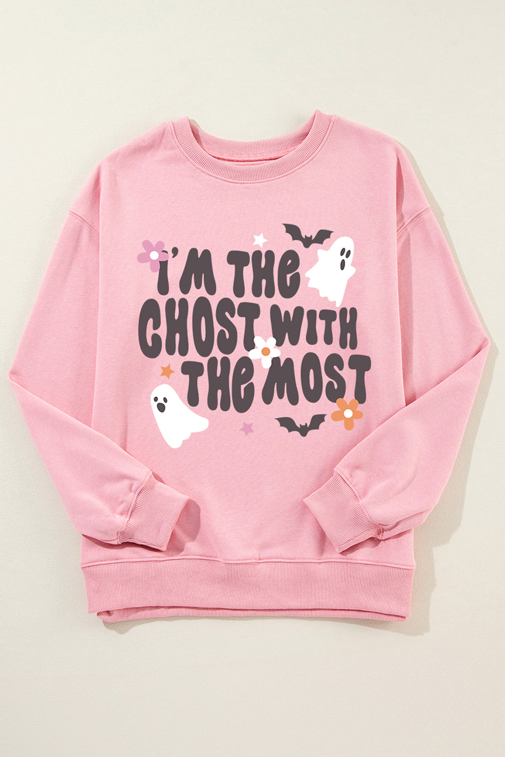 Halloween Slogan Ghost Bat Graphic Drop Shoulder Sweatshirt | Pink