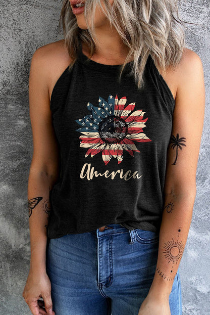 America Stars And Stripes Sunflower Tank Top | Black