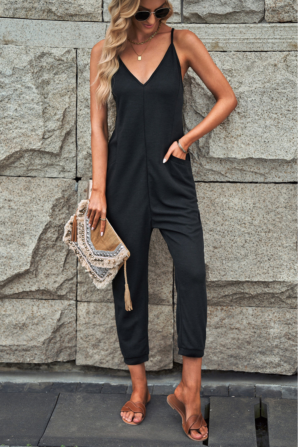 Textured Sleeveless V-Neck Pocketed Casual Jumpsuit | Black