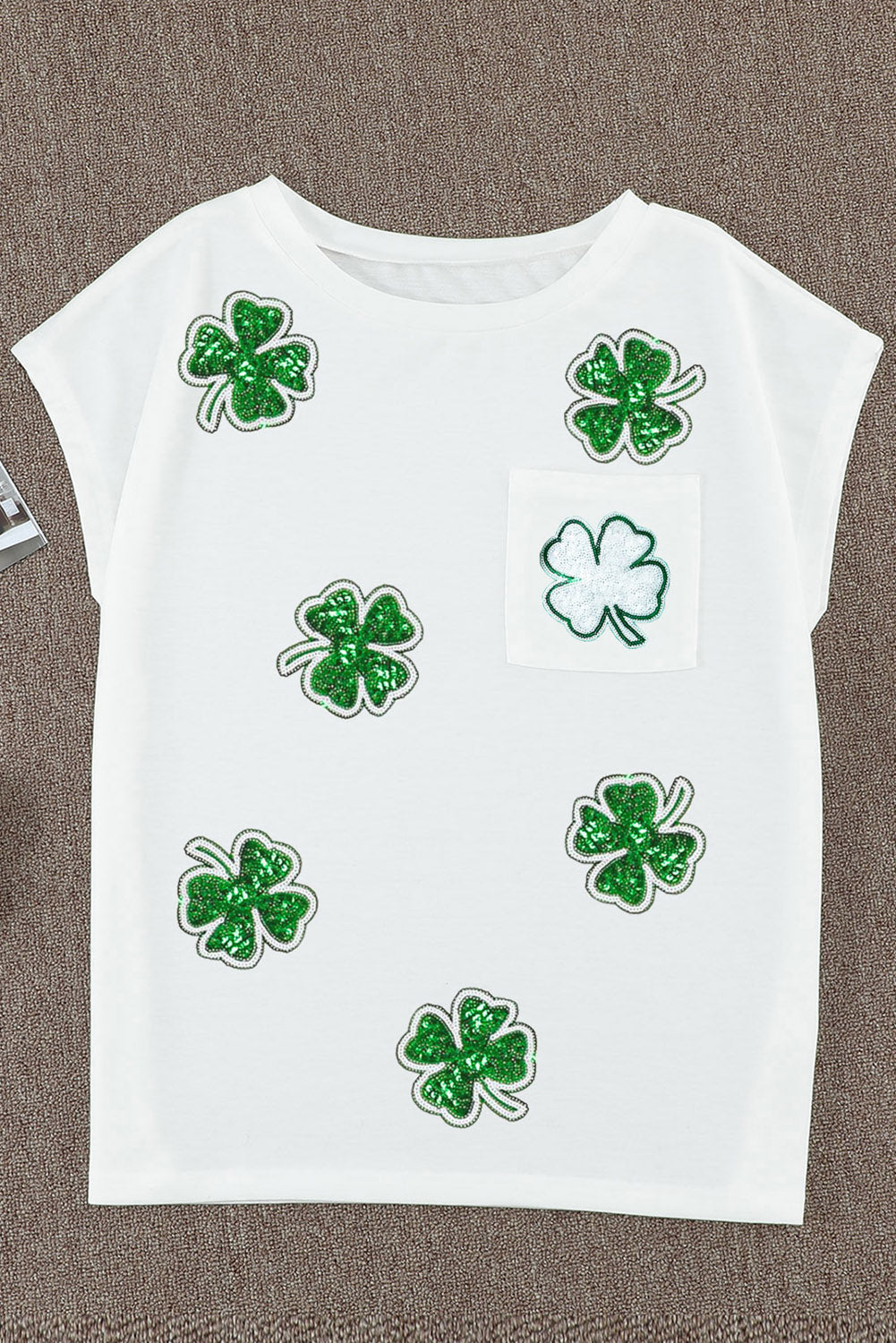 White Sequin St Patrick Clover Patch Pocket Loose Tee | white