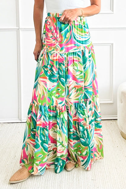 Abstract Printed High Waist Tiered Maxi Skirt | Green