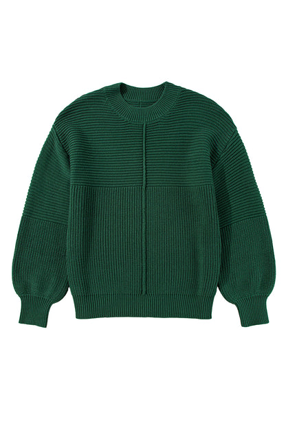 Textured Knit Crewneck Lantern Sleeve Sweater | Blackish Green