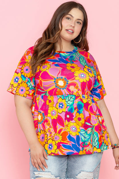 Floral Print Short Sleeve Plus Size Babydoll Blouse | Pink