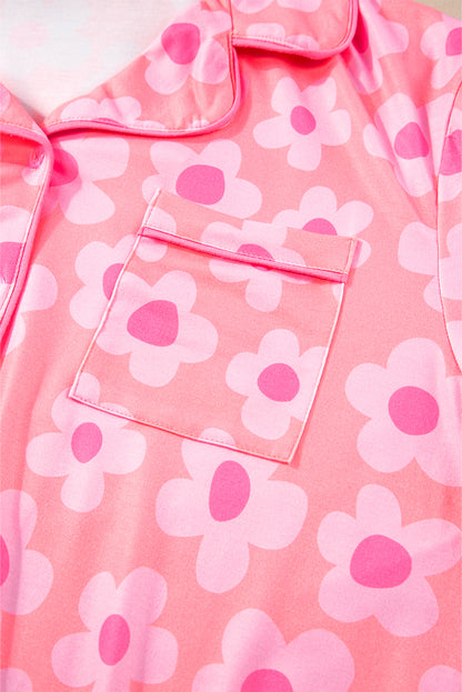 Flower Print Short Sleeve Shirt Pajamas Set | Pink