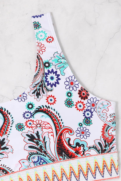 Boho Paisley Contrast Trimmed One-Shoulder Bikini | White