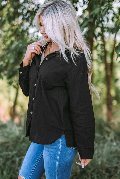 Textured Buttoned Pocket Long Sleeve Shirt | Black