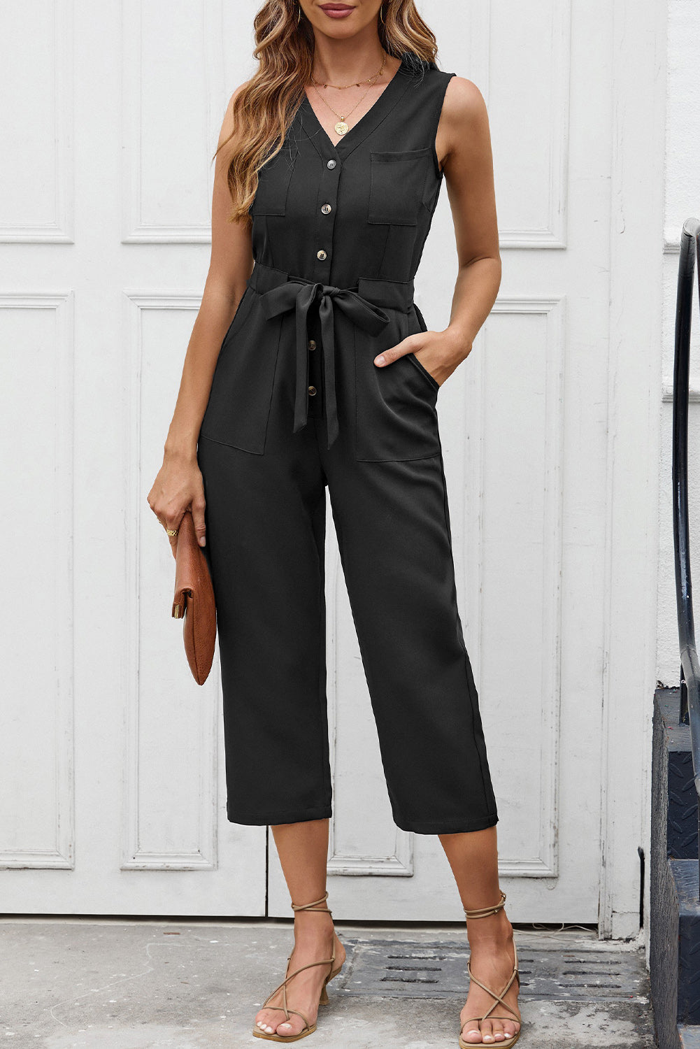 Buttoned Sleeveless Cropped Jumpsuit With Sash | Black