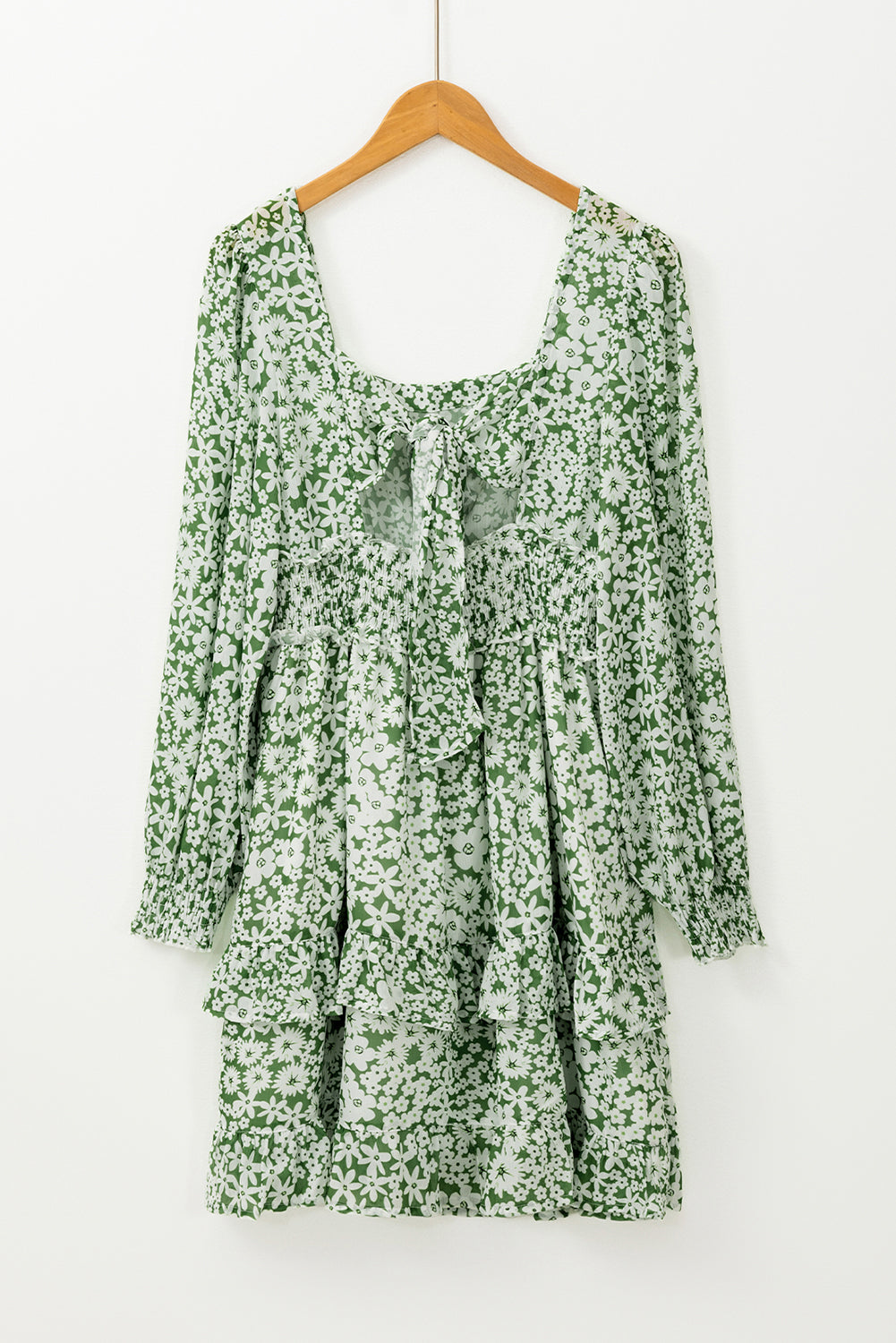 Floral Print Square Neck Shirred Waist Tiered Ruffled Mini Dress | Green